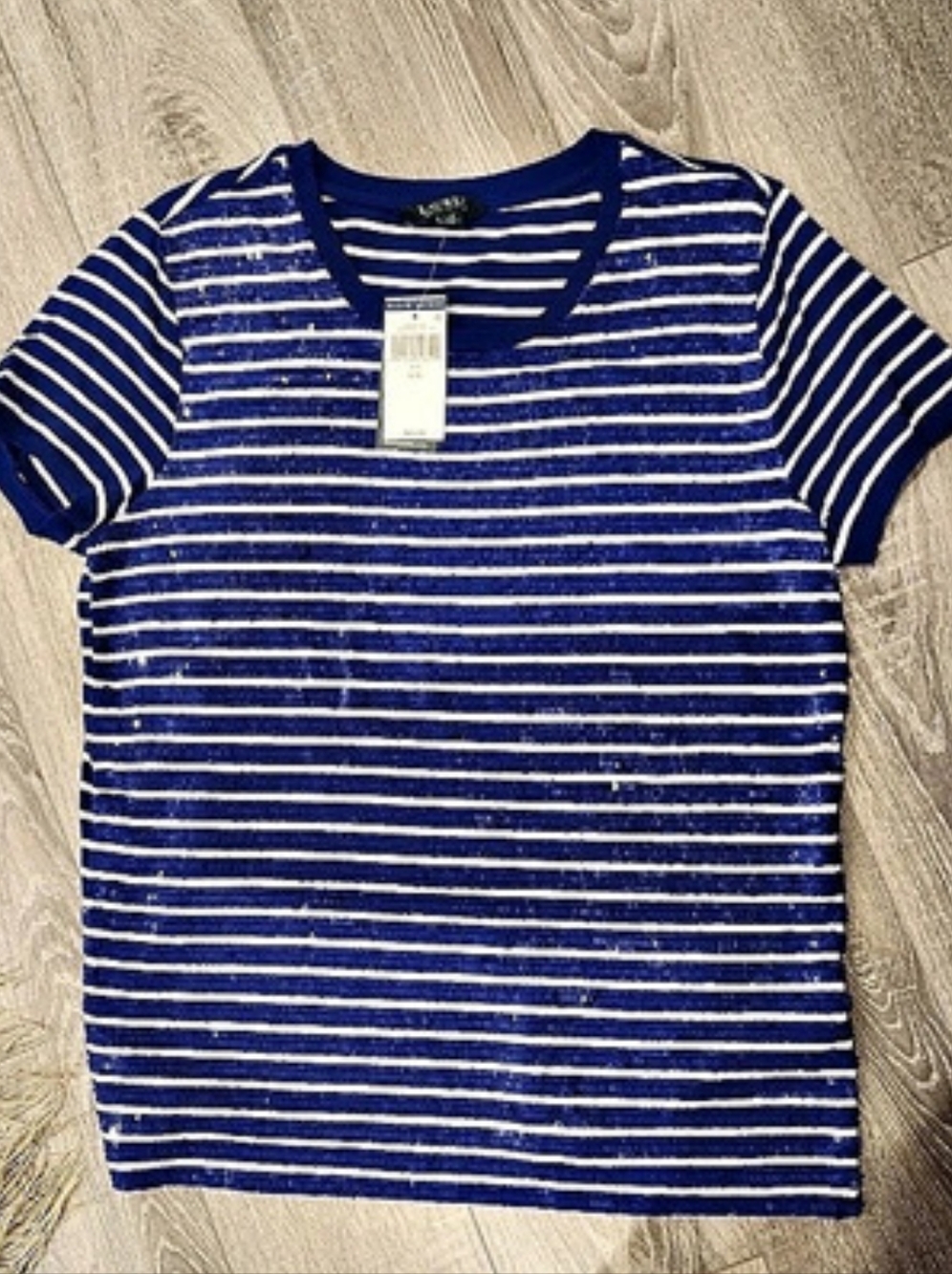 Lauren Ralph Lauren Striped Sequin Top in Blue & White Size Large NWT
